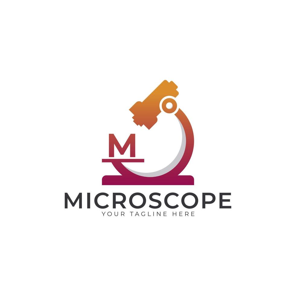 logotipo do laboratório. elemento de modelo de design de logotipo de microscópio letra inicial m. vetor