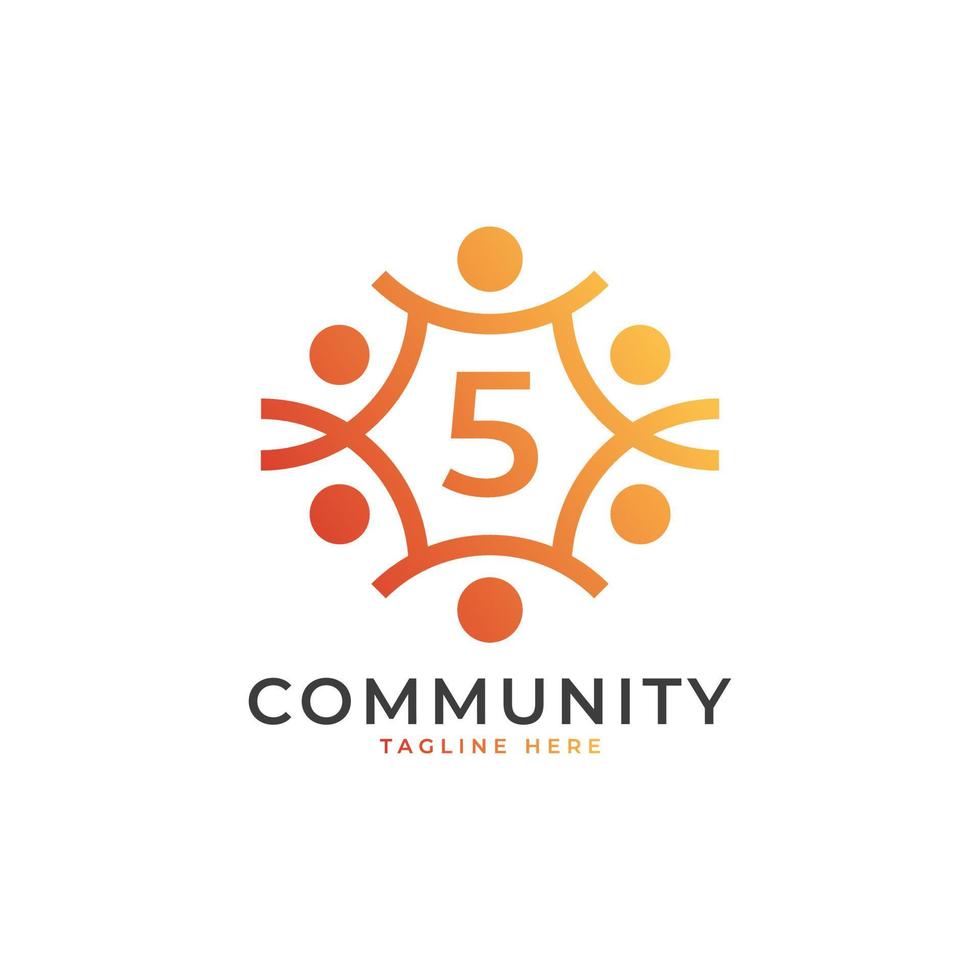comunidade número 5 conectando o logotipo das pessoas. forma geométrica colorida. elemento de modelo de design de logotipo de vetor plana.