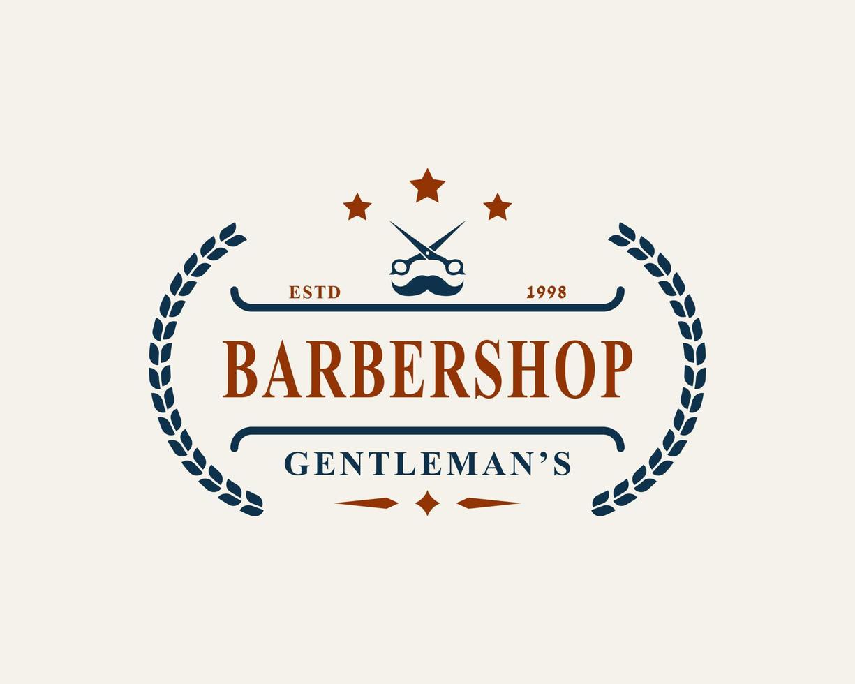 logotipo retrô vintage da barbearia com símbolo de tesoura para símbolo de design de emblema de corte de cabelo de cavalheiro vetor