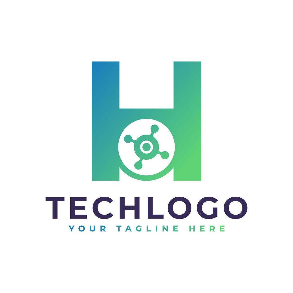 logotipo da letra h da tecnologia. forma geométrica verde com círculo de pontos conectado como vetor de logotipo de rede. utilizável para logotipos de negócios e tecnologia.