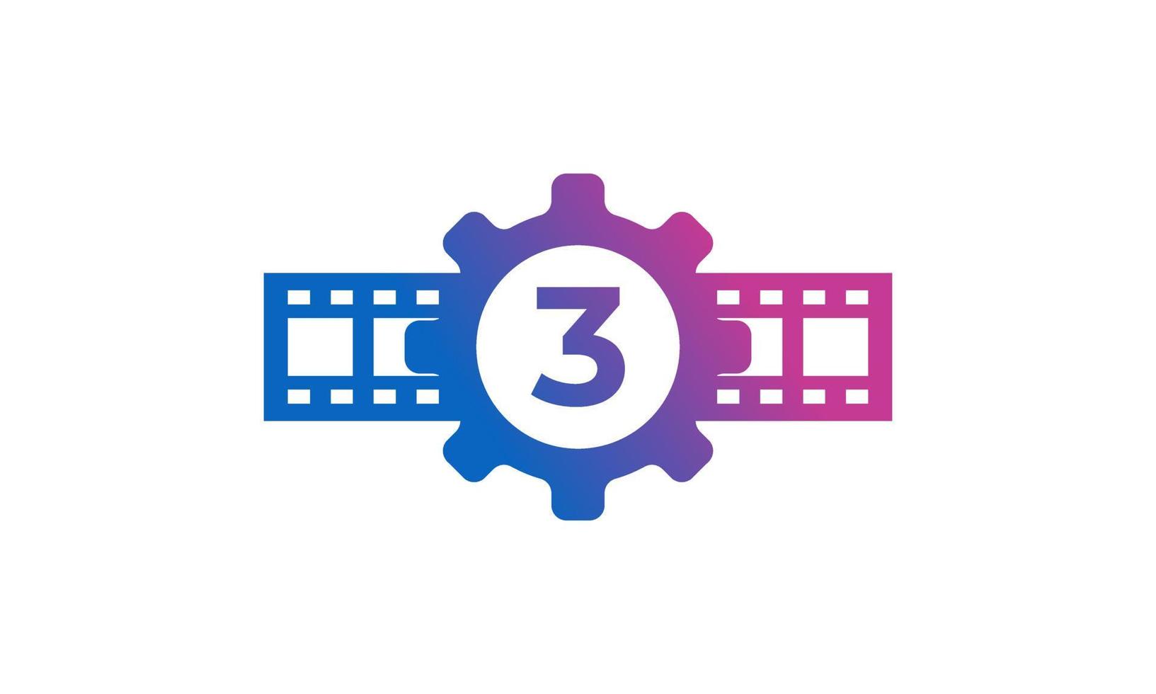 Roda dentada de engrenagem número 3 com tira de filme de listras de carretel para inspiração de logotipo de estúdio de produção de cinema de filme vetor