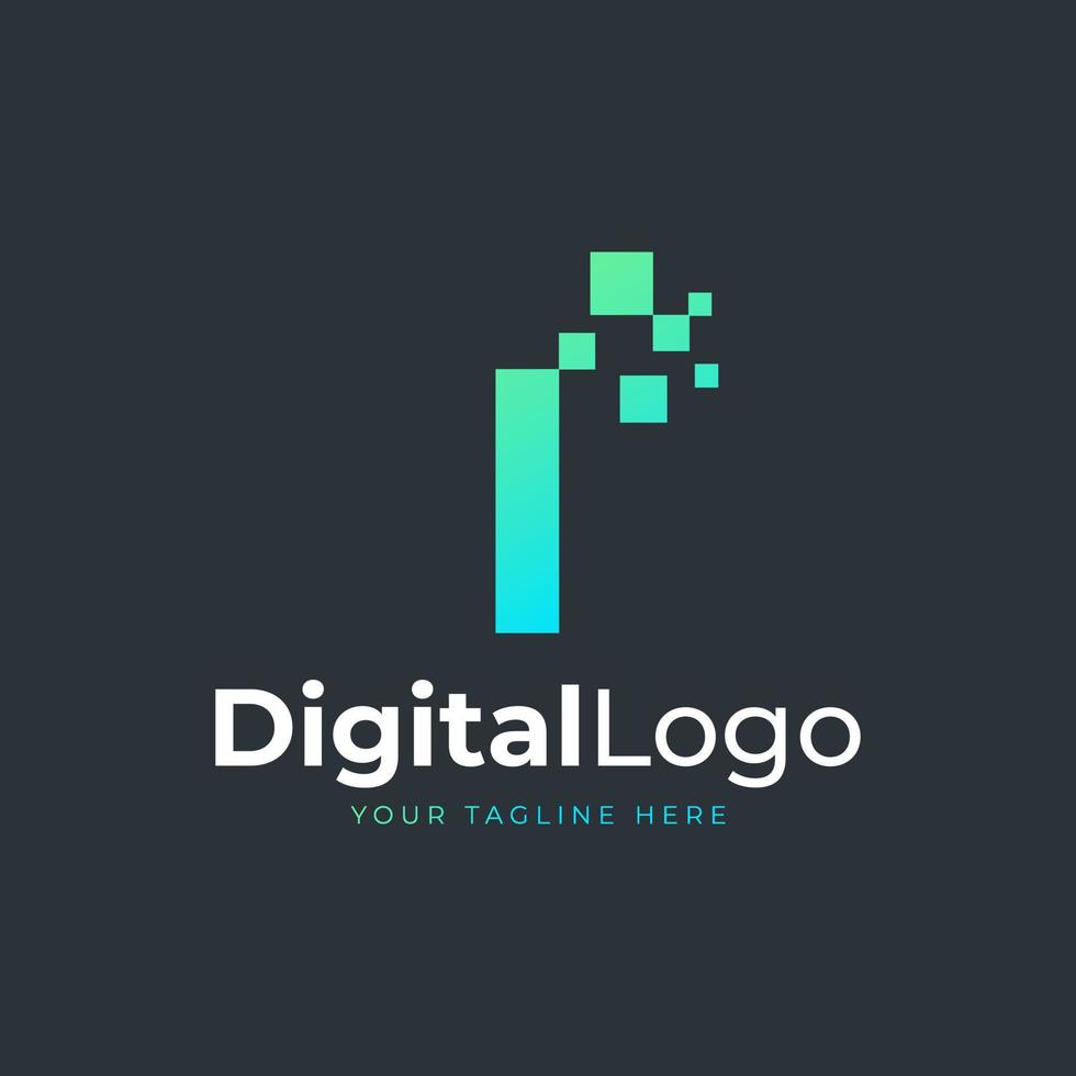 letra de tecnologia eu logotipo. forma geométrica azul e verde com pontos de pixel quadrado. utilizável para logotipos de negócios e tecnologia. elemento de modelo de ideias de design. vetor