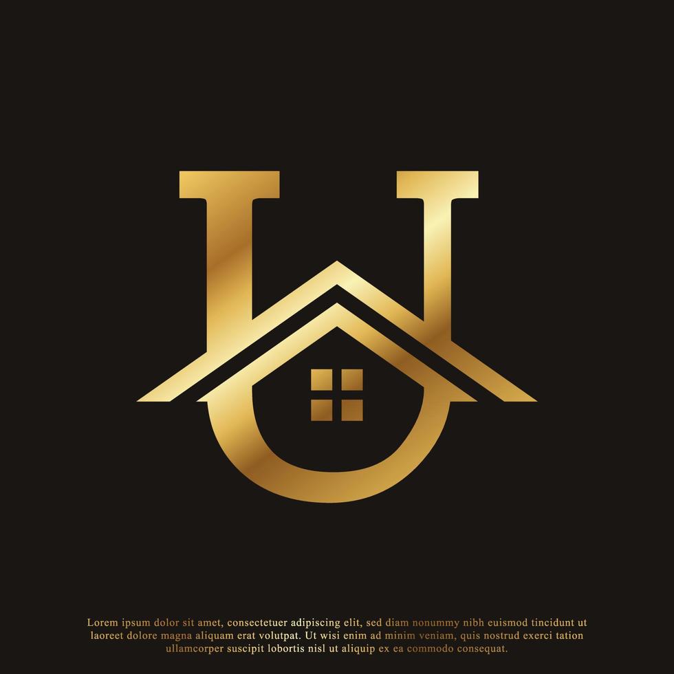 letra inicial u casa em casa design de logotipo dourado. conceito de logotipo imobiliário. ilustração vetorial vetor