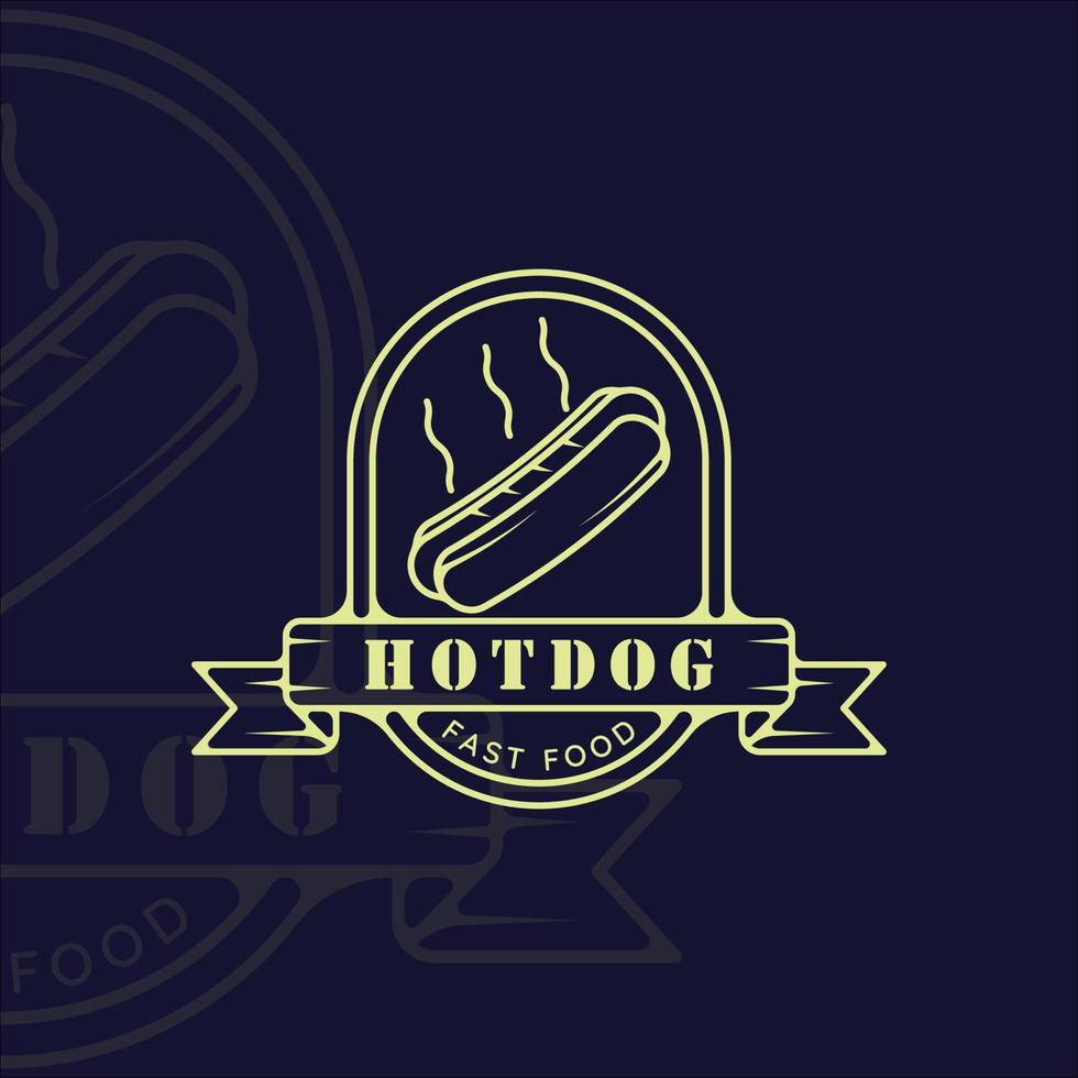 hotdog ou hotdogs logotipo linha arte simples ilustração vetorial minimalista modelo ícone design gráfico. sinal de fast food ou símbolo para o conceito de menu ou restaurante com emblema distintivo e tipografia vetor