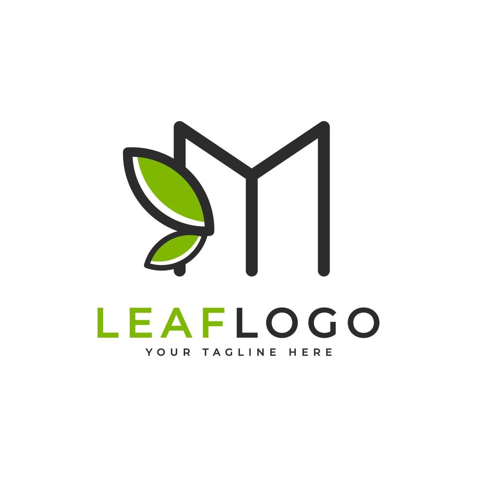 logotipo criativo da letra inicial m. estilo linear de forma preta ligado ao símbolo da folha verde. utilizável para logotipos de negócios, saúde, natureza e fazenda. elemento de modelo de idéias de design de logotipo de vetor plano. eps10