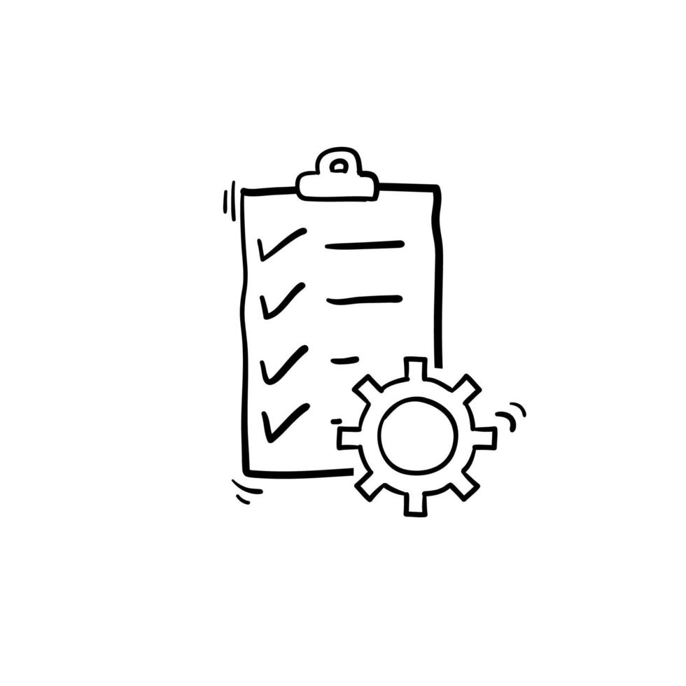 doodle prancheta com ícone de engrenagem isolado. ícone de lista de verificação de suporte técnico. conceito de ícone plano de gestão. desenvolvimento de software com vetor de estilo de arte de linha desenhada à mão