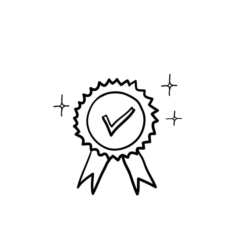 ícone de linha fina de garantia ou medalha. conceito de emblema ou garantia de controle mínimo do consumidor. vetor de ilustração de doodle desenhado à mão