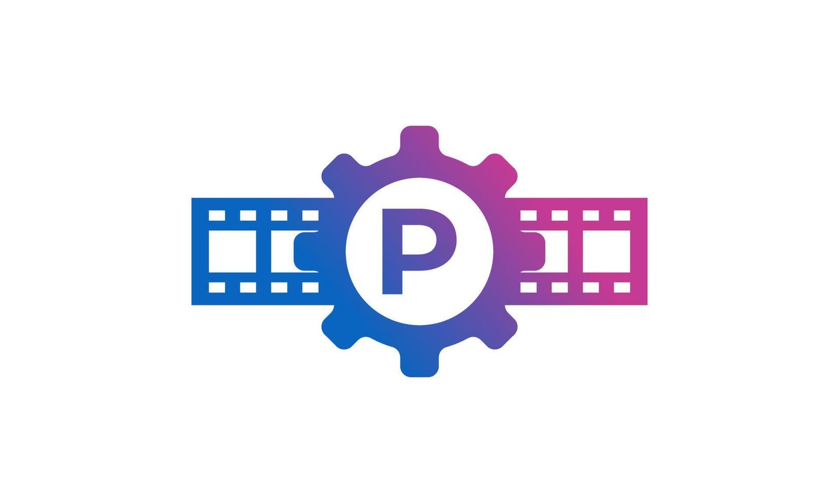 letra inicial p roda dentada com listras de carretel tira de filme para inspiração de logotipo de estúdio de produção de cinema de filme vetor