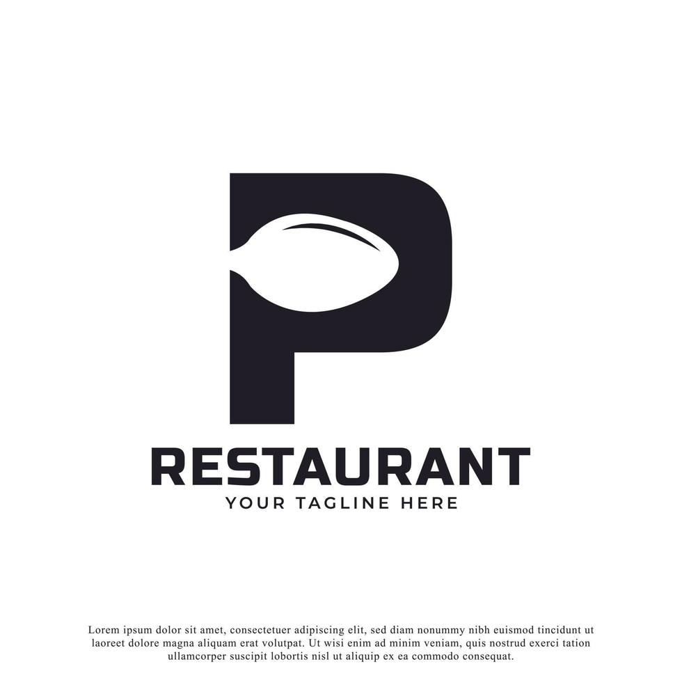 logotipo do restaurante. letra inicial p com garfo de colher para modelo de design de ícone de logotipo de restaurante vetor