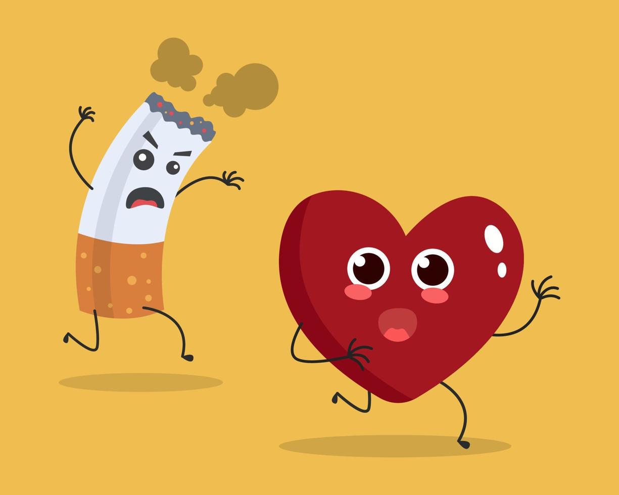 coração fugir dos desenhos animados de cigarro. pare de fumar para o conceito de coração saudável. ilustração vetorial vetor