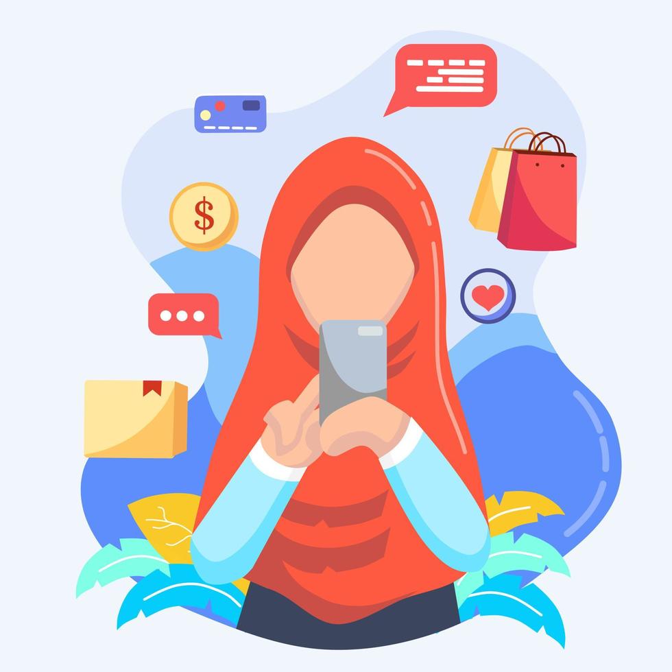 conceito de compras móveis. uma mulher compra coisas na loja online. compras em redes sociais através do estilo de design plano de telefone. ilustração vetorial de compras on-line. vetor