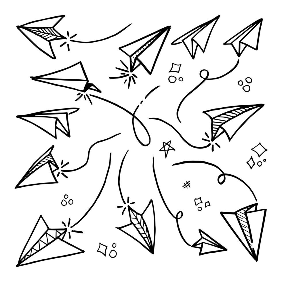 conjunto de ícone de avião de papel doodle. mão desenhar avião de papel. ilustração vetorial. vetor
