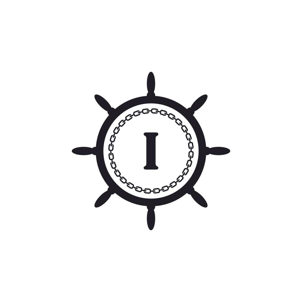 letra i dentro do volante do navio e ícone de corrente circular para inspiração de logotipo náutico vetor