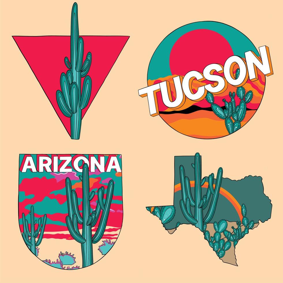 conjunto de adesivos de estilo vintage. Arizona, Tucson, Parque Nacional Saguaro, Texas vetor