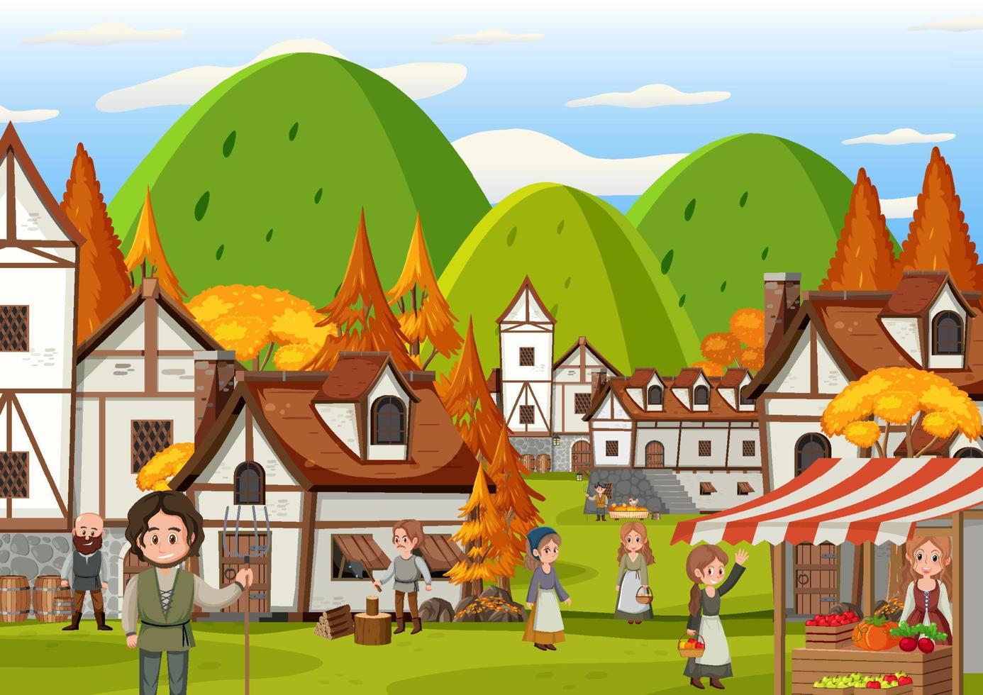 cena de vila medieval antiga com aldeões vetor