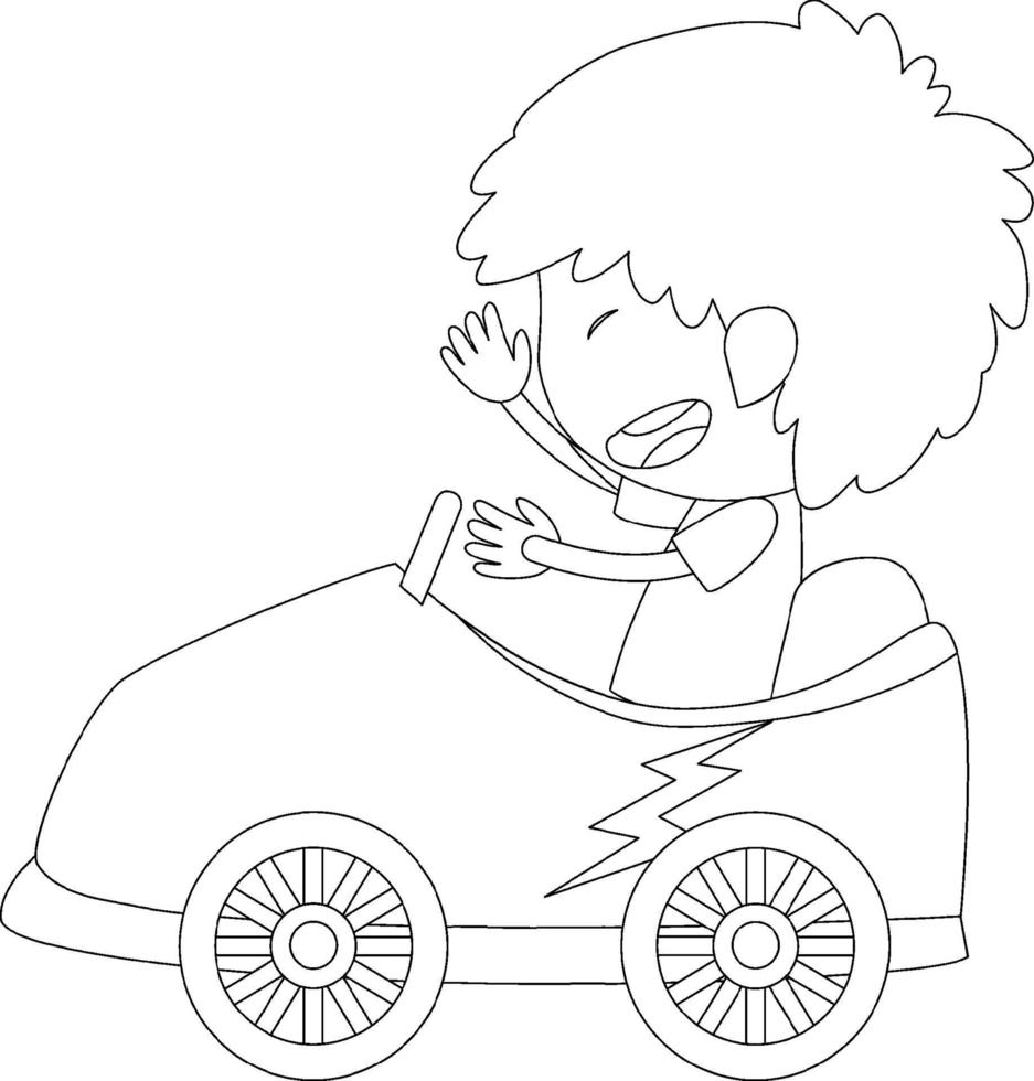 um menino no personagem de doodle preto e branco de carro de corrida vetor