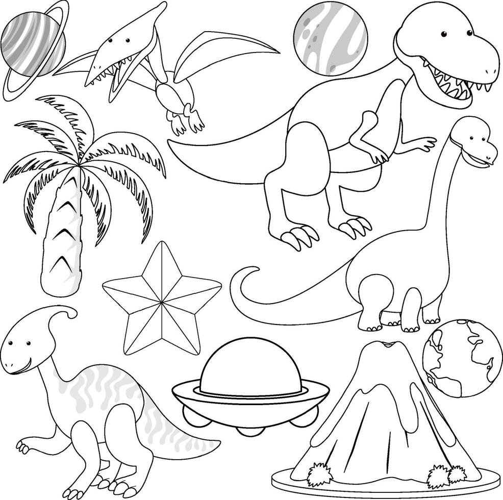 um conjunto de tema de dinossauro doodle vetor