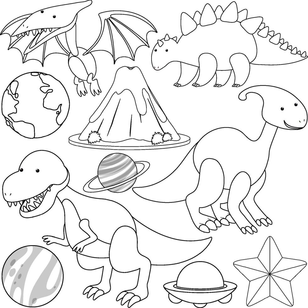 um conjunto de tema de dinossauro doodle vetor