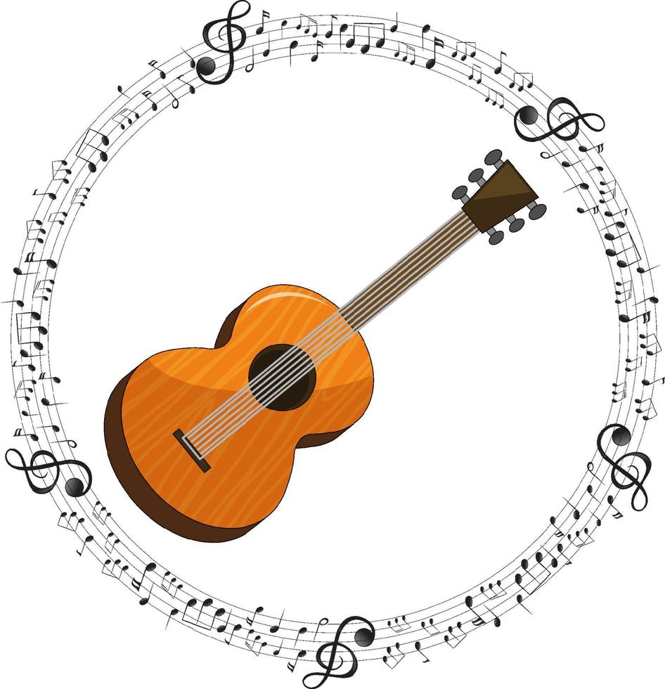 uma guitarra com notas musicais em fundo branco vetor