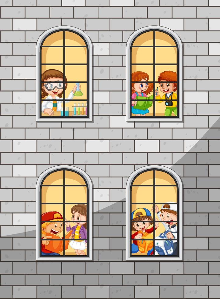 janelas de apartamento com personagem de desenho animado de vizinhos vetor