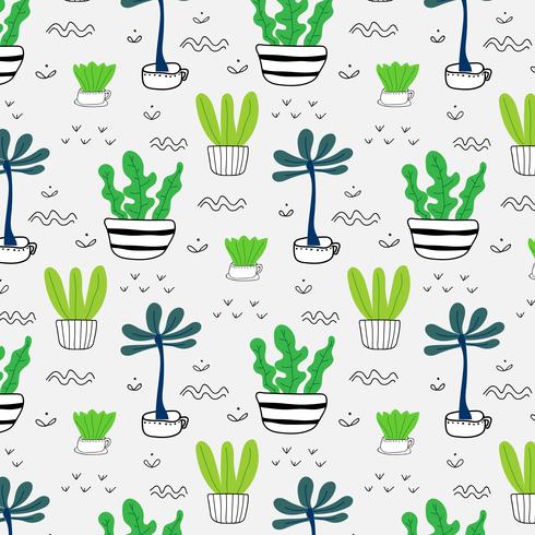 Padrão Com Plantas Desenhadas Mão Em Vasos. Fundo de ilustração vetorial. vetor