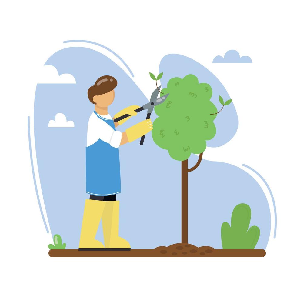 um jardineiro corta uma árvore no jardim. um homem podando galhos de uma árvore com podador. ilustração vetorial. vetor