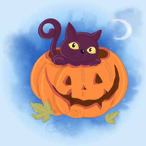 Ilustração bonito dos desenhos animados com um gato e uma abóbora. Impressão do poster do cartão para o feriado o Dia das Bruxas. vetor