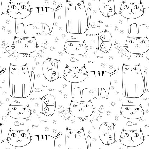 Fundo tirado mão do teste padrão do vetor dos gatos. Doodle engraçado. Ilustração vetorial artesanal.