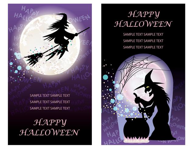 Conjunto de dois modelos de cartão de feliz dia das bruxas com bruxas. vetor