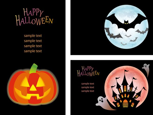 Conjunto de modelos de cartão feliz dia das bruxas com Jack-o-lanterna, morcegos e uma casa assombrada com fantasmas. vetor