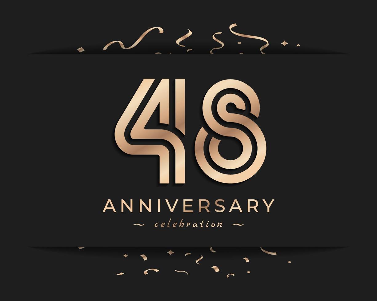 Design de estilo de logotipo de comemoração de aniversário de 48 anos. saudação de feliz aniversário celebra evento com linha múltipla dourada e confetes isolados na ilustração de design de fundo escuro vetor