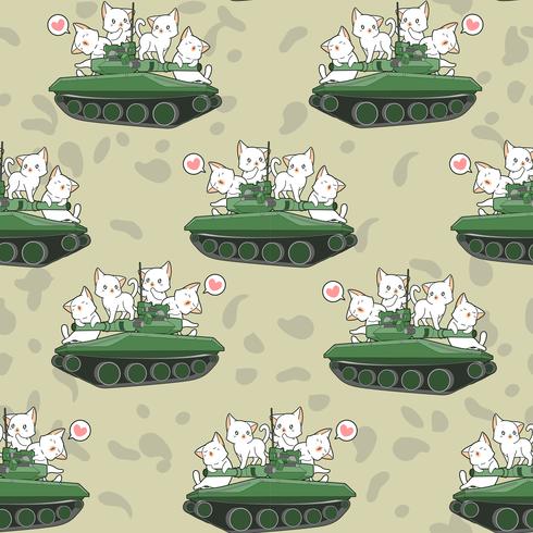 Gatos bonitos sem costura e padrão de tanques de guerra vetor