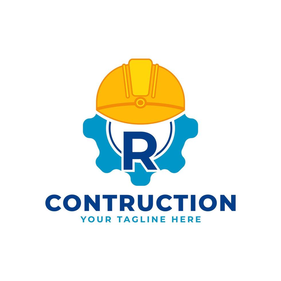 letra inicial r com engrenagem e capacete. conceito de logotipo de construção e engenharia vetor