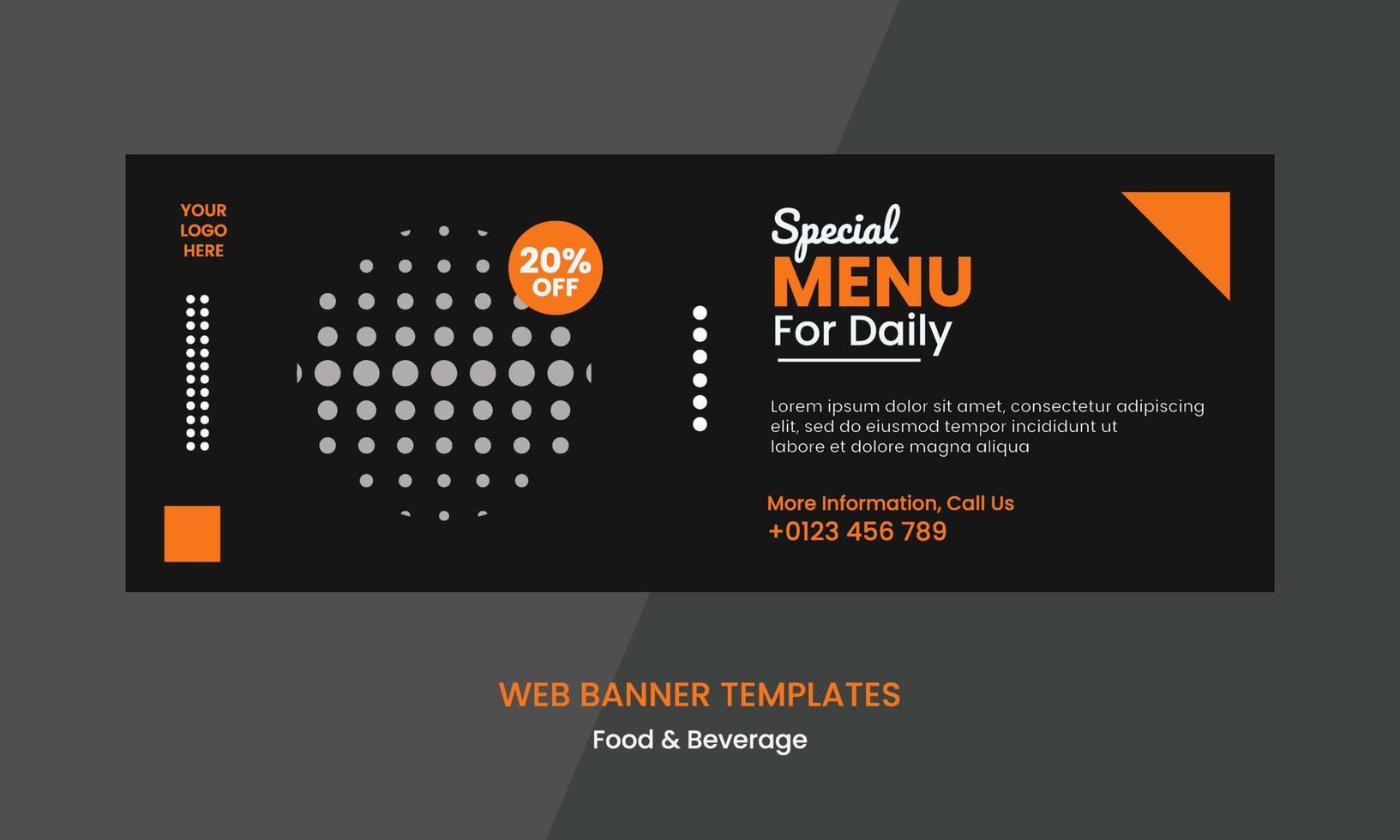 gráfico de vetor de web banner design com esquema de cores preto, laranja e branco. perfeito para promoção de negócios de alimentos e bebidas ou restaurantes