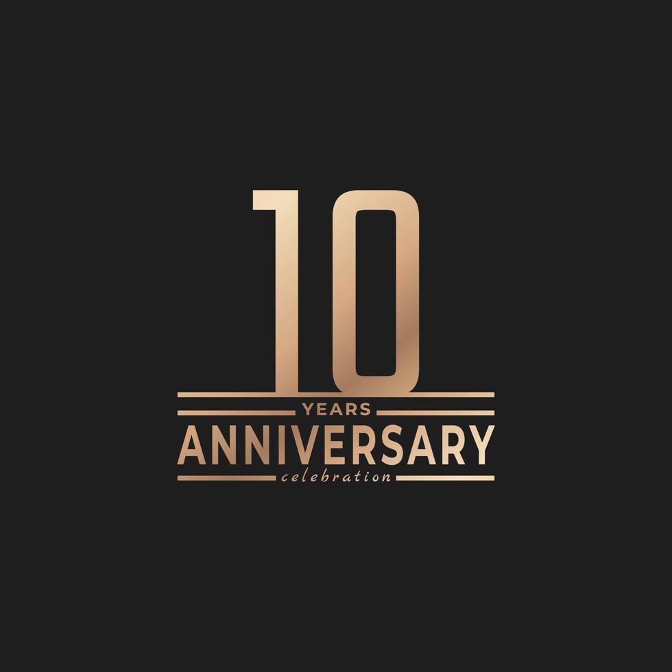 Celebração de aniversário de 10 anos com cor dourada de forma de número fino para evento de celebração, casamento, cartão de felicitações e convite isolado em fundo escuro vetor
