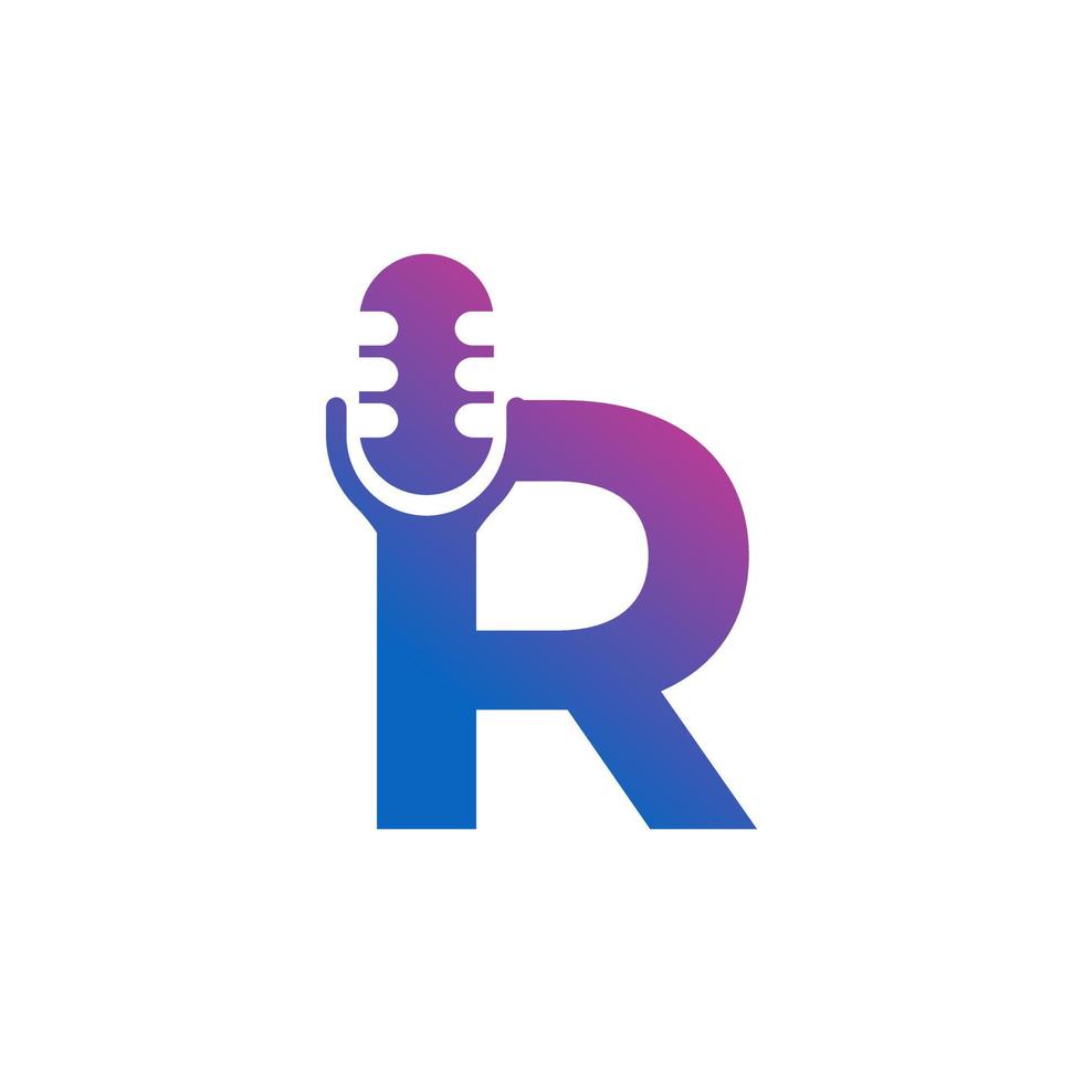letra r logotipo de gravação de podcast. alfabeto com ilustração vetorial de ícone de microfone vetor