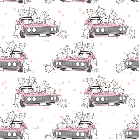 Gatos de kawaii sem costura desenhada e padrão de carro-de-rosa. vetor