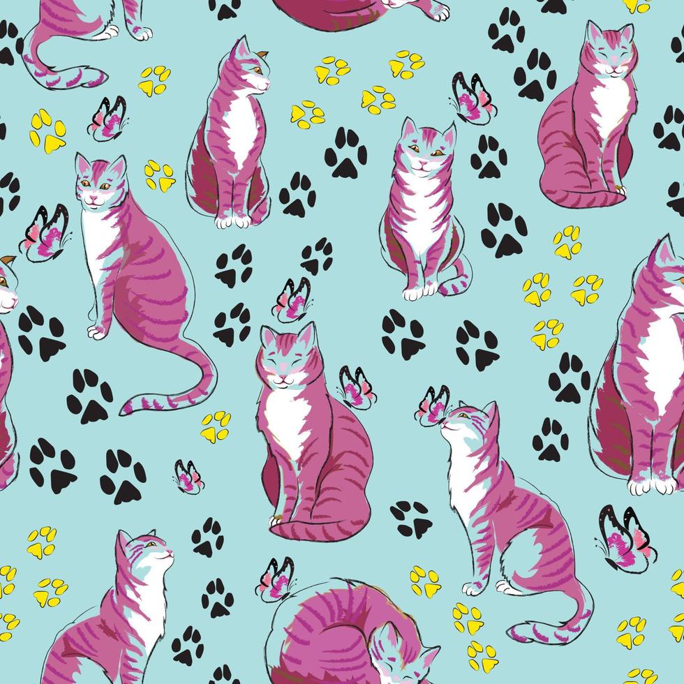 padrão de vect sem costura com gatos cor de rosa em diferentes poses e pegadas de animais em fundo azul. ótimo para têxteis, papel de parede, papel de embrulho, design de embalagem. vetor