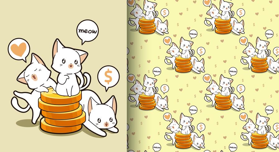 Gatos kawaii sem costura com um padrão de moedas de ouro vetor