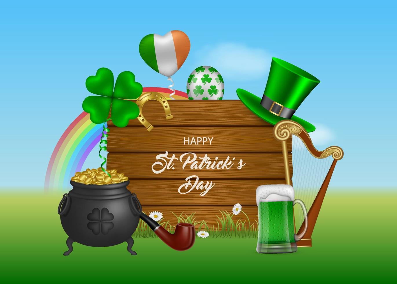 banner do dia de são patrício com elementos irlandeses, balões e placa de madeira vetor