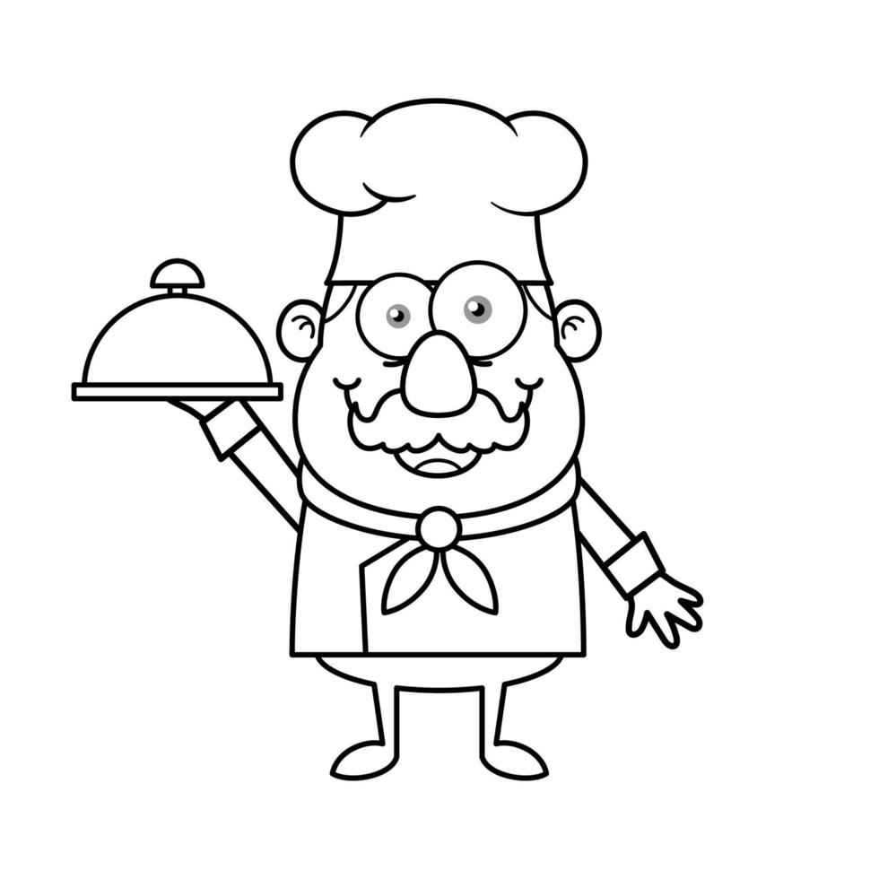 personagem de desenho animado do logotipo da mascote do chef preto e branco segurando o prato vetor