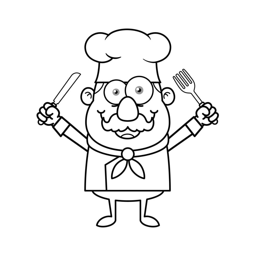 personagem de desenho animado de logotipo de mascote chef preto e branco segurando garfo e faca vetor