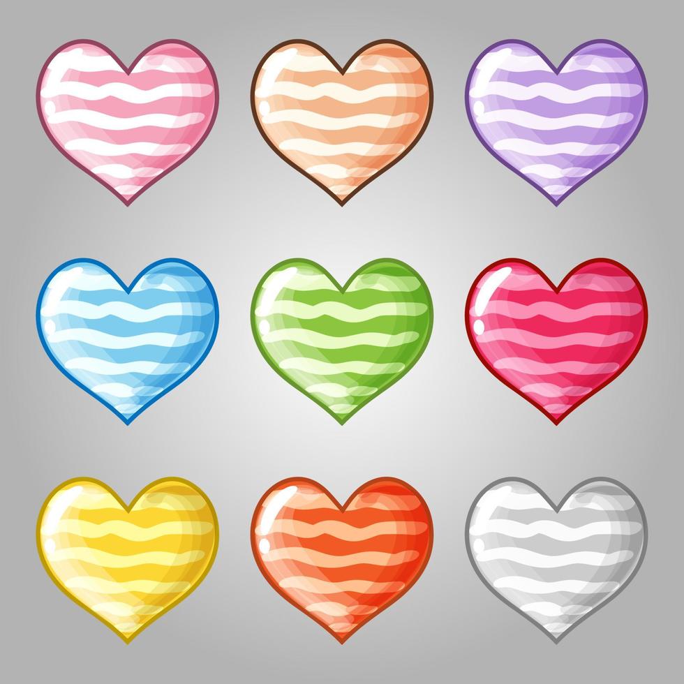 doces corações fofos coloridos pastel para combinar 3 estilo de jogo de doces e geleia vetor