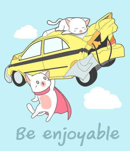 O super gato de Kawaii está levantando o carro no estilo dos desenhos animados. vetor