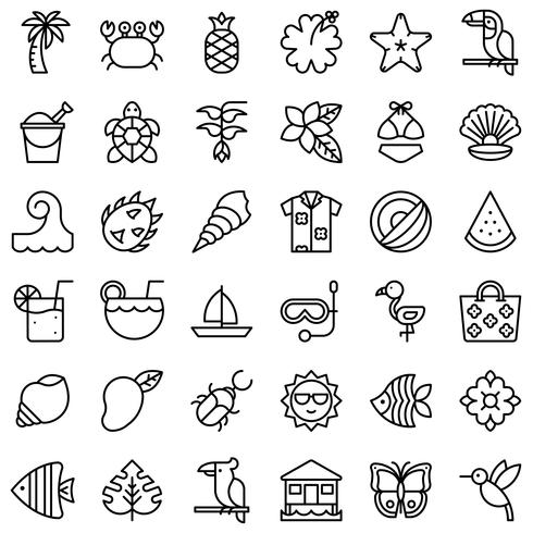 Conjunto de ícones de vetor relacionados tropicais, estilo de linha