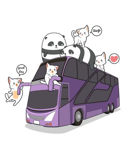 Gatos e pandas kawaii no ônibus vetor