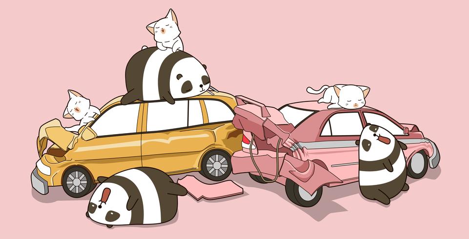 Pandas e gatos de Kawaii no evento do acidente de transito. vetor