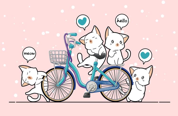 Gatos kawaii e bicicleta em estilo cartoon. vetor
