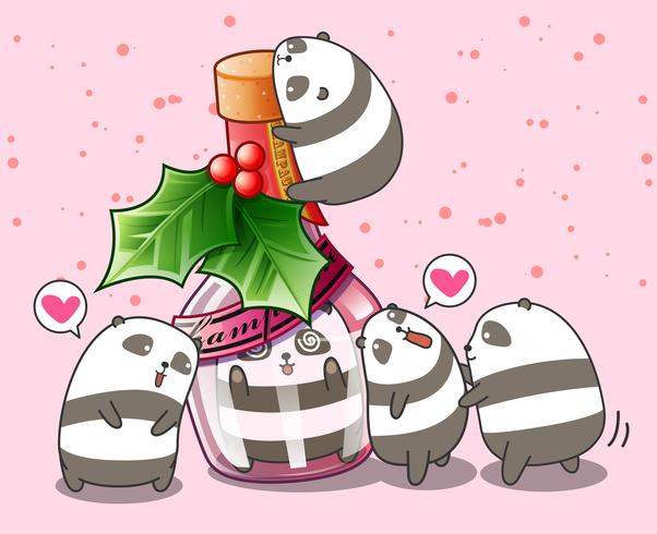 Panda kawaii na garrafa e amigos vetor