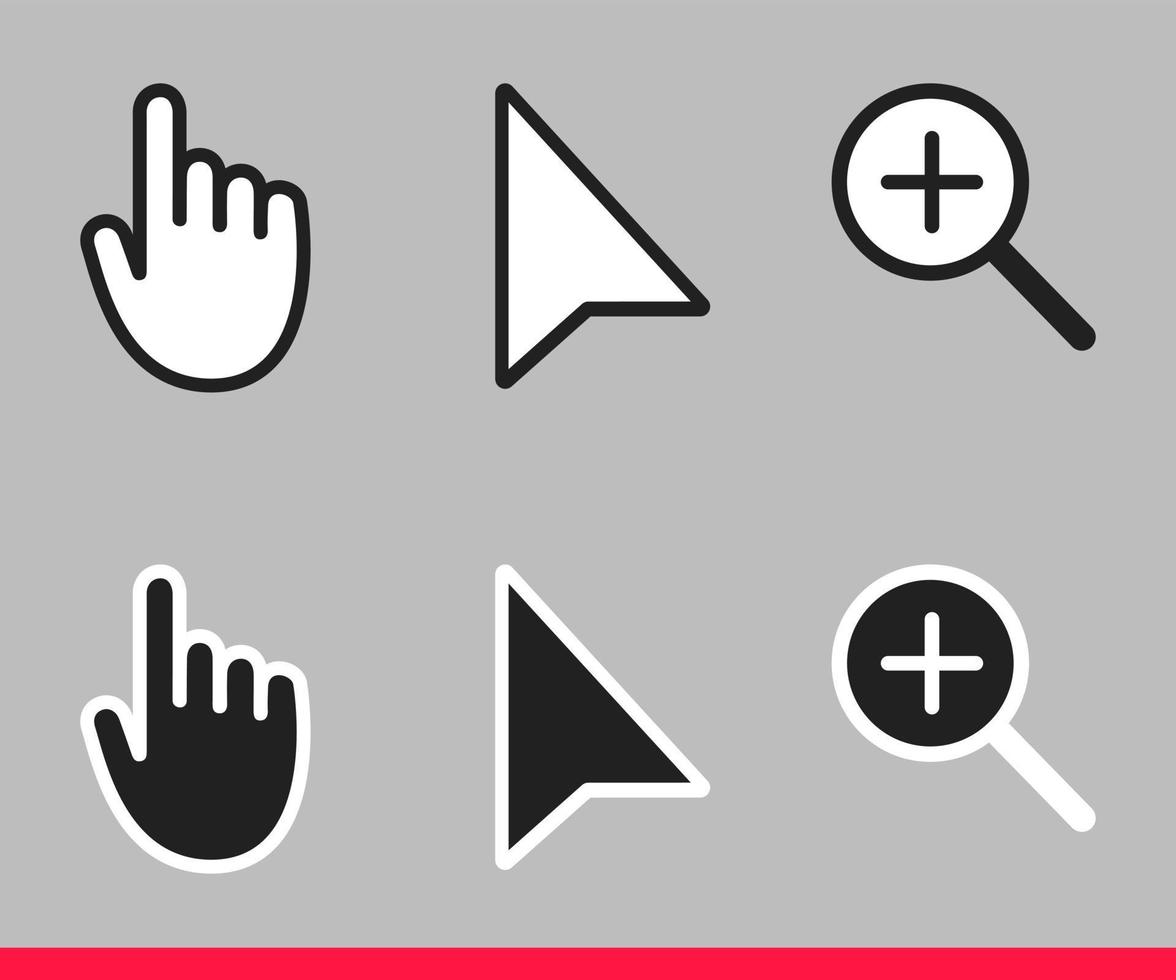 seta preta e branca, mão e lupa ícones de cursor de mouse não pixel conjunto de ilustração vetorial vetor